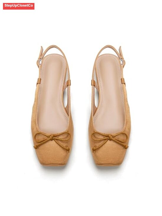 Shoes - Square Toe Bow Knit Slingback Ballet Flats with Ankle Buckles Satin